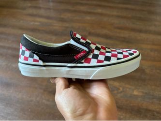 New kids, red, black, and white checkered slip on vans