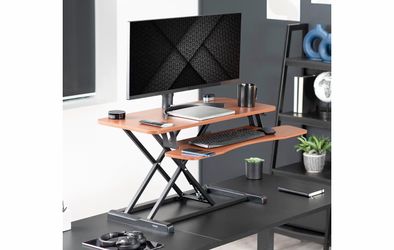VIVO 38 inch Desk Converter, K Series, Height Adjustable Sit to Stand Riser, Dual Monitor and Laptop Workstation with Wide Keyboard Tray, Dark Walnut 