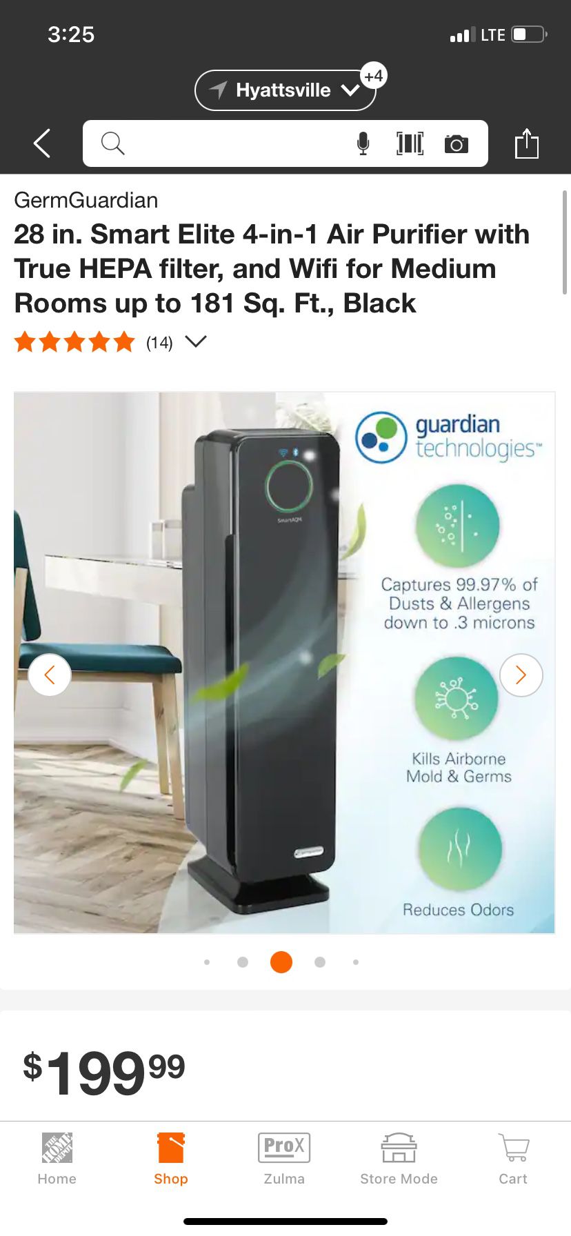 GermGuardian 28 in. Smart Elite 4-in-1 Air Purifier with True HEPA filter, and Wifi for Medium Rooms up to 181 Sq. Ft., Black