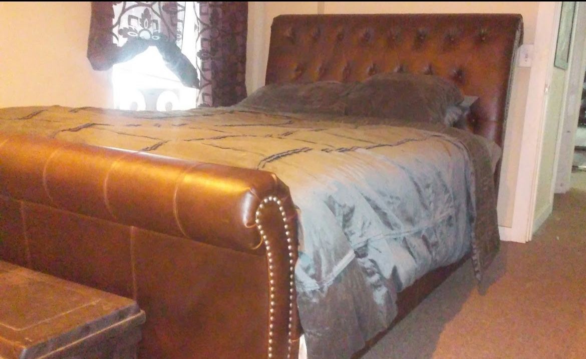 Brown Leather Sleigh Bed Frame - Queen