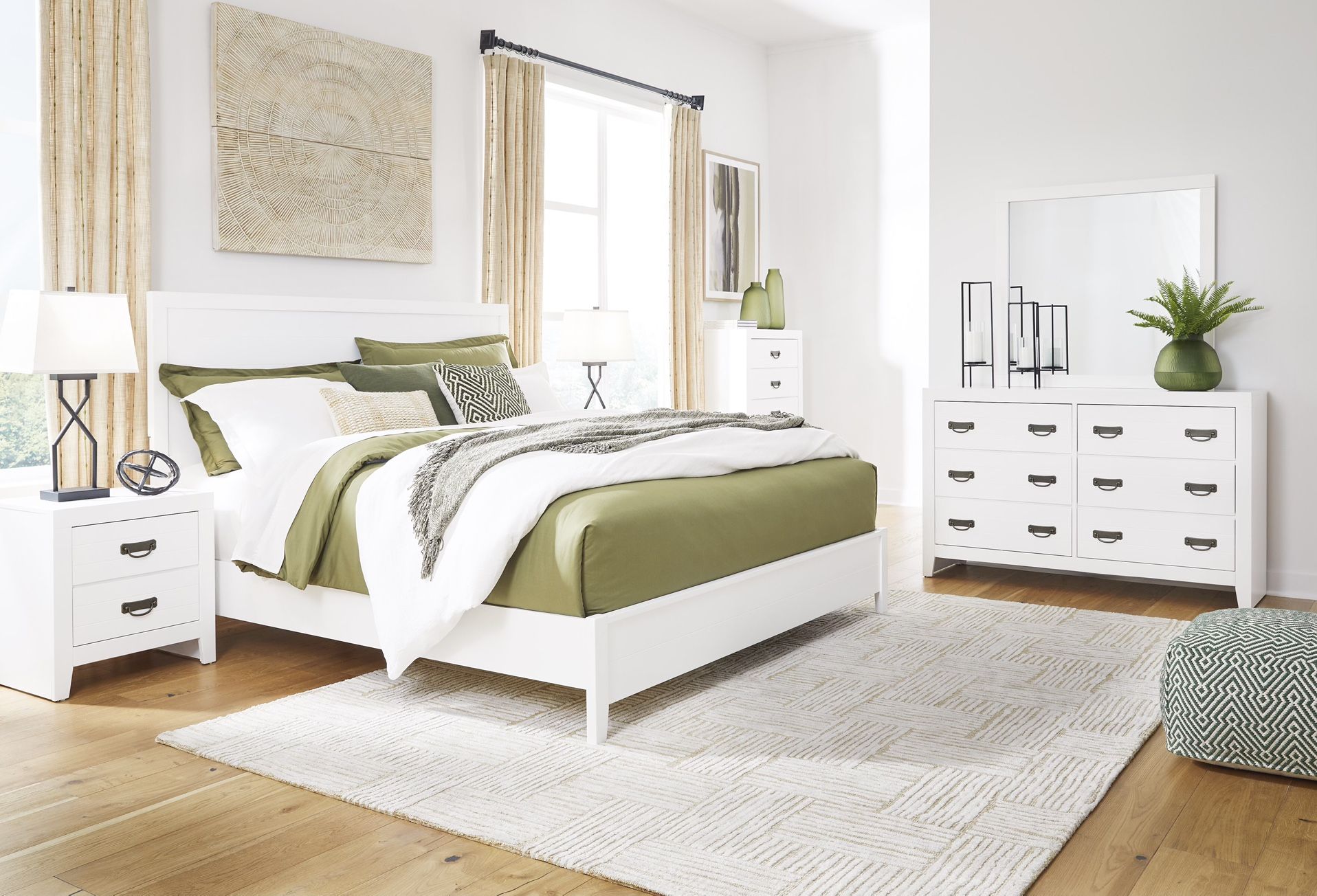 4pc Queen Panel Bed with Mirrored Dresser and Nightstand set by Ashley