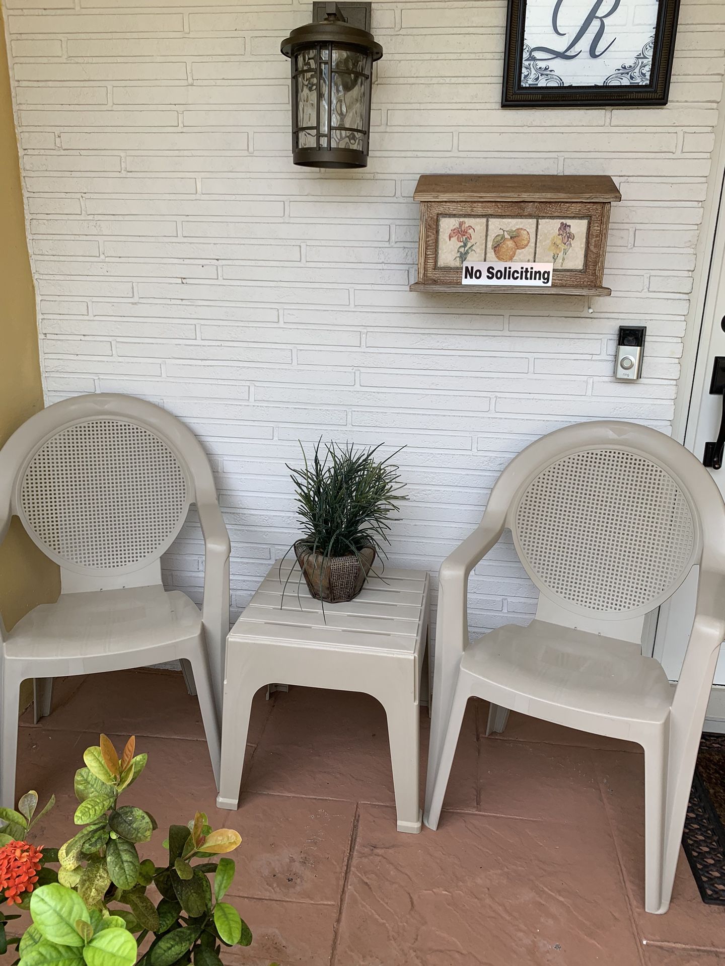 Two Madras High Back Resin Patio Club Chairs w/ table