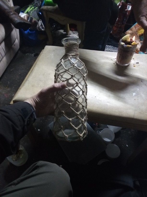 Rustic Glass Bottle Flower Vase with Rope Net Home Decoration 20.3 x 6.9 cm