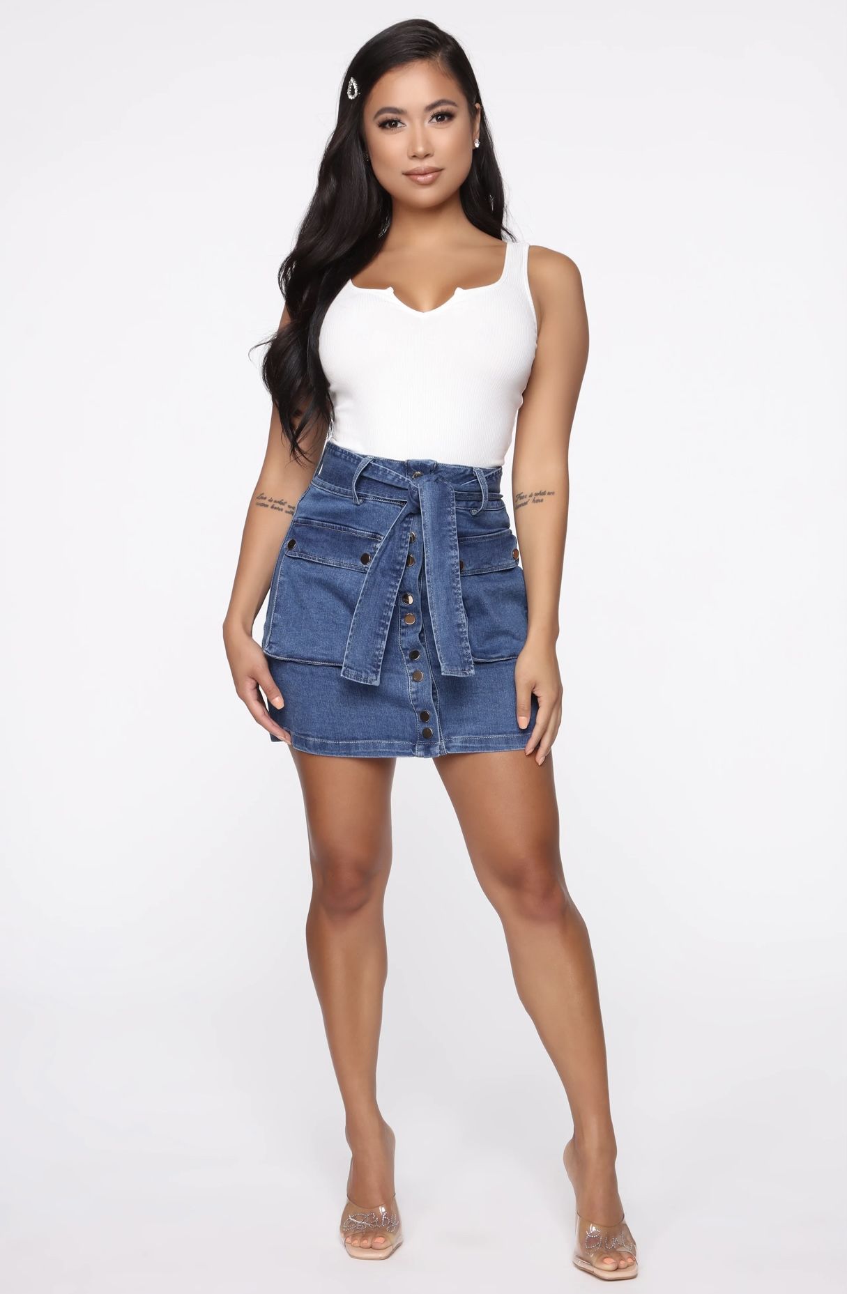 Fashion Nova Denim Skirt With Tie And Pockets