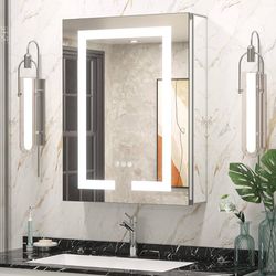 Keonjinn 20 x 26 Inch Mirrored Bathroom Medicine Cabinet with Lights Adjustable Shelves Electrical Outlet Dimmable Defogging 3 Color Temperature LED V