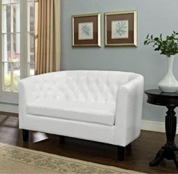 Both White Tufted Faux Leather Loveseat & Club Chair