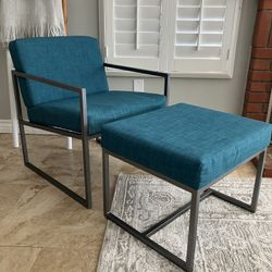 Teal Upholstered Accent Chair + Ottoman Set