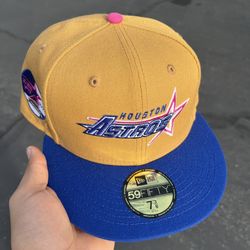 Tan and Blue Houston Astros Script Exclusive Fitted Hat
