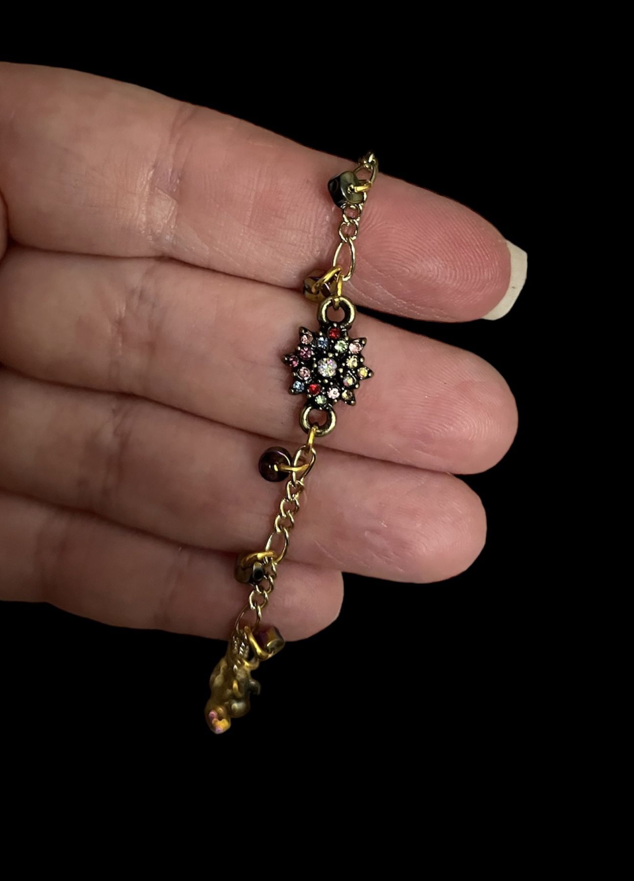 Handmade Ankle Bracelet - Rhinestone Flower With Glass Iridescent Beads