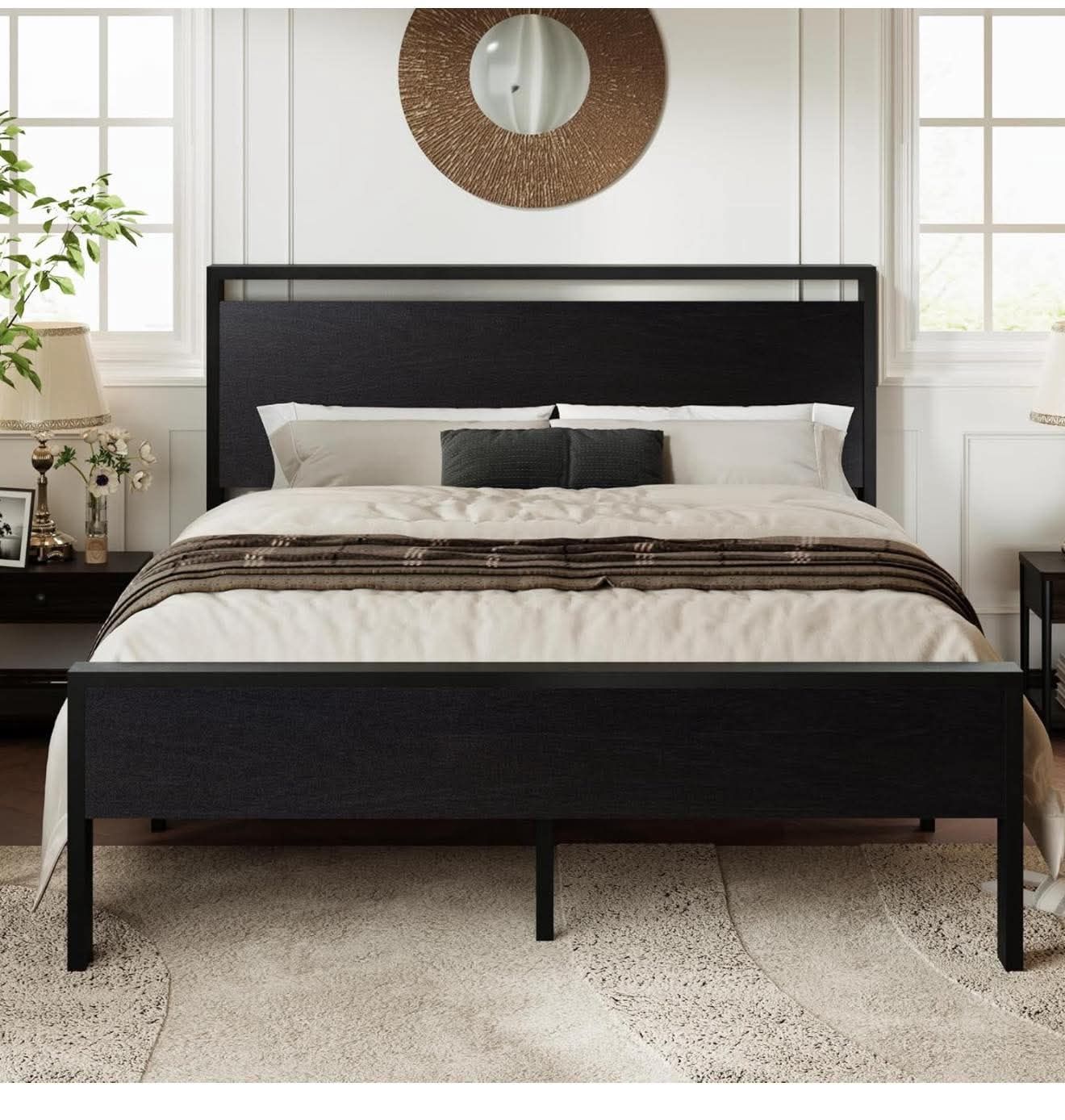 Queen Size Platform Bed Frame with Wooden Headboard and FooBlack Oak S-53