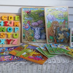 Early Children's Puzzles Set - Hape ABC's, Wooden and Sturdy Pieces, Dinosaurs, Farm, Jungle, Animals, 123's, Most with Borders