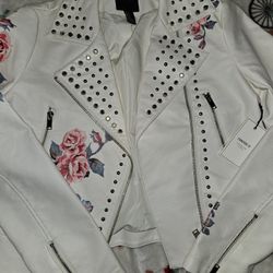 White Leather Jacket With Flowers