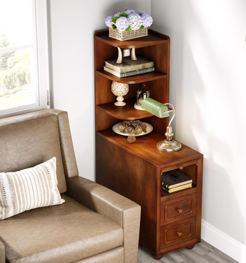SET OF 2 Solid Wood End Table with Drawers and Reversible Corner Shelves, Tall Narrow Side and pull out tray Walnut BRAND NEW in boxes read descriptio