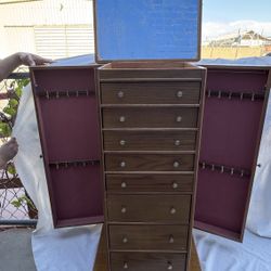 Vintage Mahogany Jewelry Armoire – Hidden Storage, Mirrored Top, Elegant Design