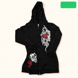 Y2K Dots Black Heart Graphic Full Zip Hoodie