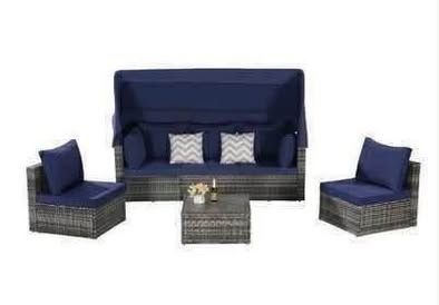 New Assembled Patio Furniture Set Daybed &  Canopy Wicker Rattan DELIVERY W/FEE