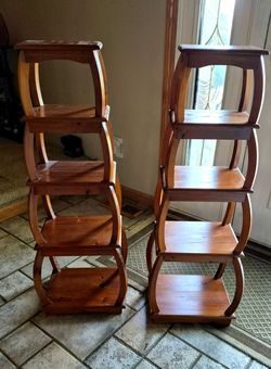 Pair of Tall Wood Tiered Display Shelves