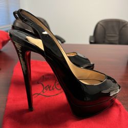 Authentic Christian Louboutin Lady Peep Sling Back Patent Black Leather 