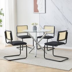 Mid-Century Rattan Dining Chair with Cane Backrest and Metal Frame Upholstered Fleece Seat Accent Chairs Armless Chairs with Metal Legs for Home Kitch