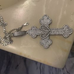 Silver Iced Out Cross Pendant And 4mm Cuban 22inch  Chain 