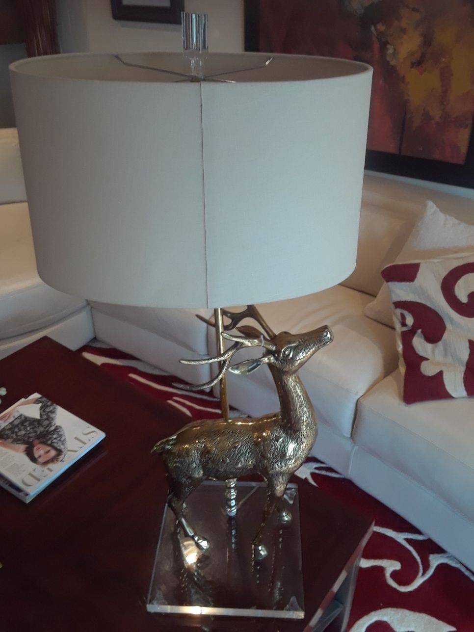 Large 24"Brass Deer Hollywood Regency Table Lamp on Lucite Base.
