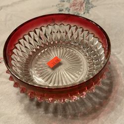 Vintage Small Cranberry Cut Crystal Bowl