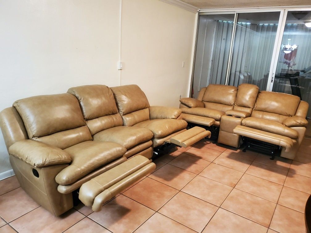 Camel Color Leather Reclining Sofa And Love seat