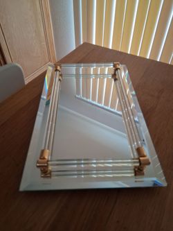 Vintage MCM Hollywood Regency Glass Gold Mirror Dresser Vanity Perfume Tray Jewelry