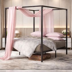 Queen Black Metal Canopy Platform Bed Frame, black W-68