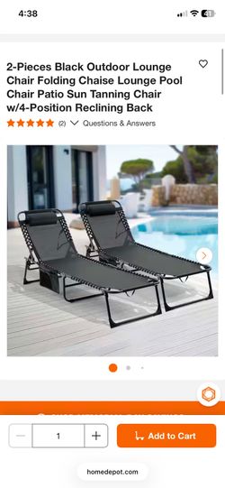 2-Pieces Black Outdoor Lounge Chair Folding Chaise Lounge Pool Chair Patio Sun Tanning Chair w/4-Position Reclining Back