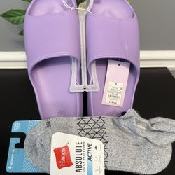 Purple Wild Fable slides w/ 4 pack of Hanes ankle socks 