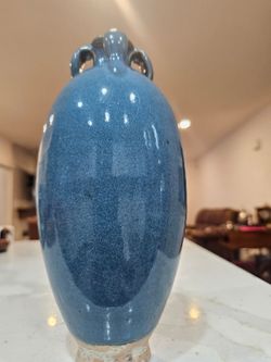 Unmarked Blue Reactive Glaze Art Pottery Vase 4 Loop Handles Approx 10.5"