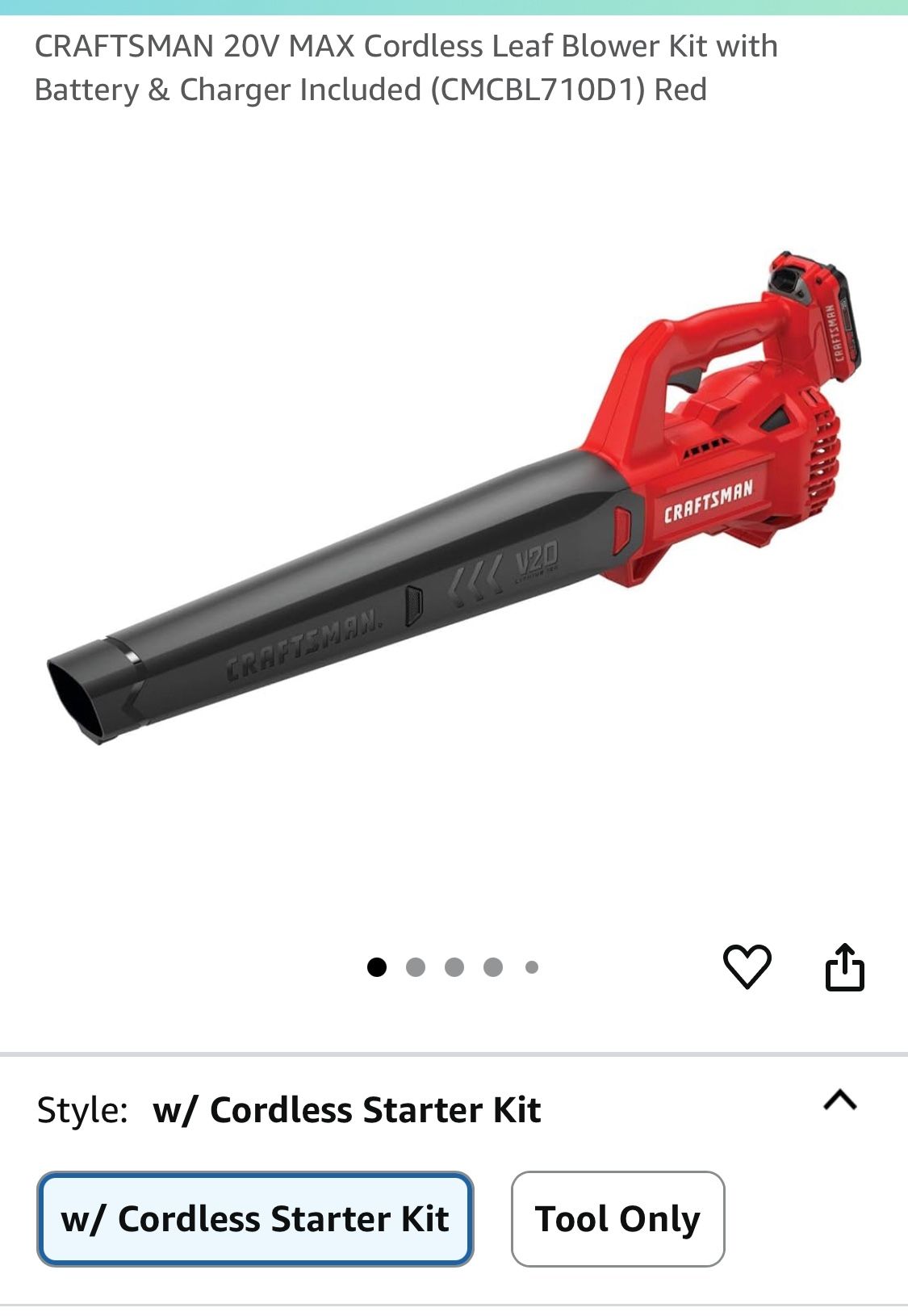 CRAFTSMAN 20V MAX Cordless Leaf Blower Kit with Battery & Charger Included (CMCBL710D1) Red