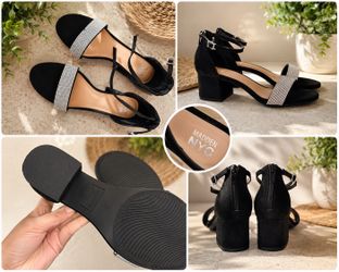 Madden NYC Black Rhinestone Block Heel Sandals – Women’s Size 9 – Like New ✨