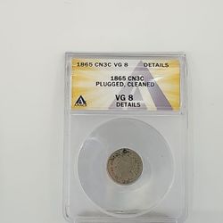 1865 Three Cent Nickel CN3C - ANACS VG 8 Details - Plugged & Cleaned Civil War
