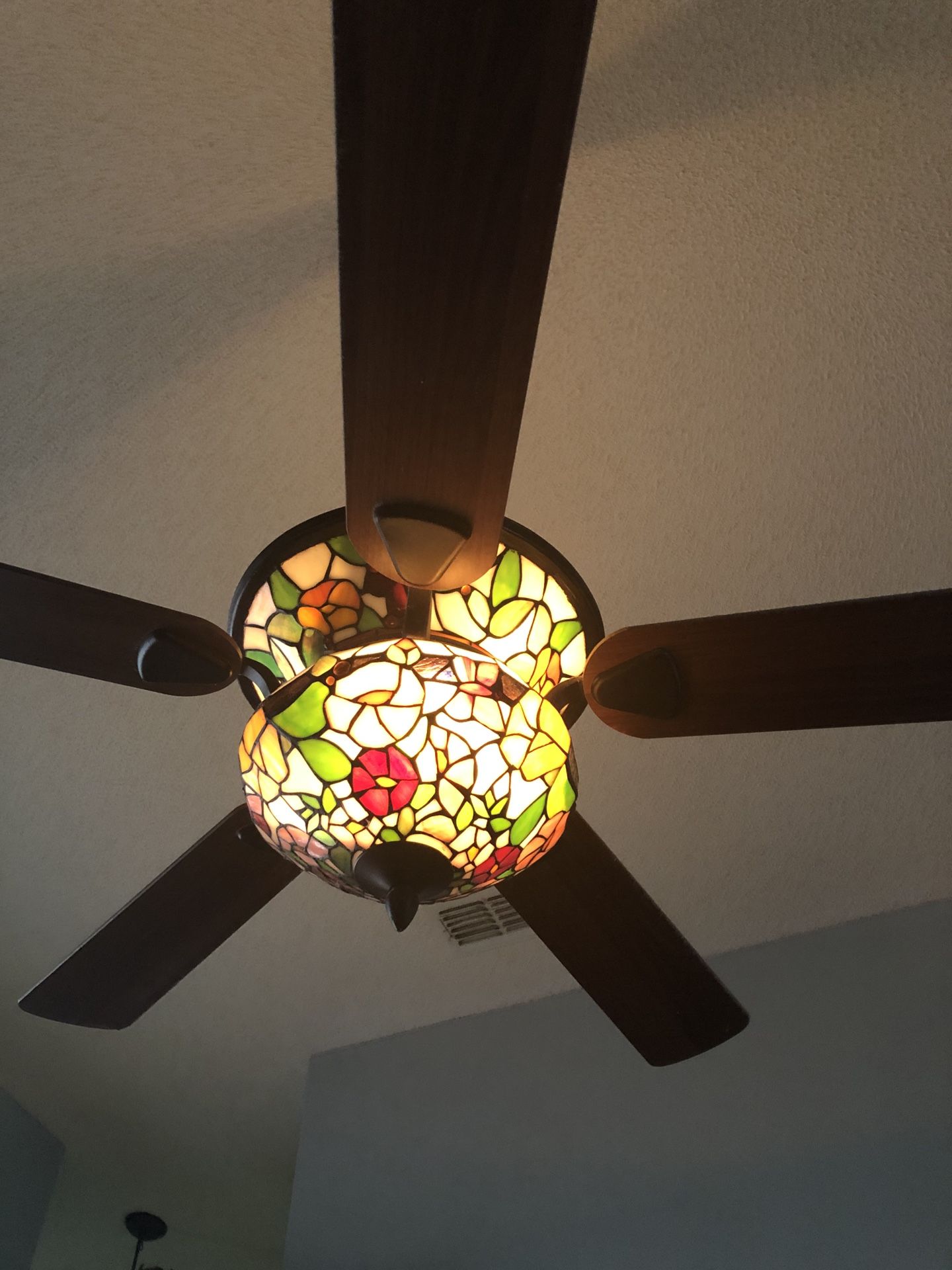 Beautiful & elegant stain glass fan w/ remote $200, 2 hanging lights $75 for both and chandelier $75