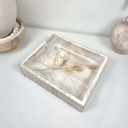 Boho Handmade Serving Wooden Tray Whitewash with stripes 12"