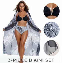 Women's 3-Piece Leopard Print Bikini Set - High-Waisted Tummy Control Swimsuit with V-Hardware Top, Kimono Cover Up - Beachy Bikinis Set, Bathing Suit