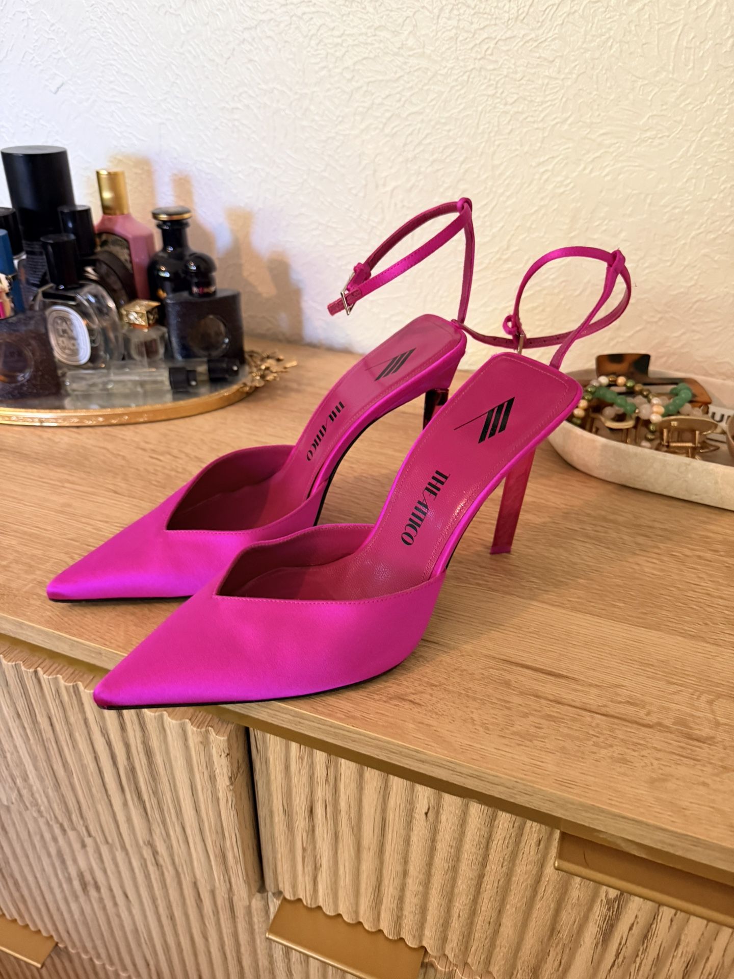 The Attico Perine 105 fuschia hot pink satin D’orsay pointed toe pumps 38
