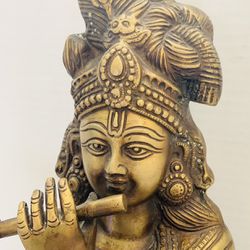 Vintage Hindu Goddess Krishna Playing Flute 23" Tall Brass Statue