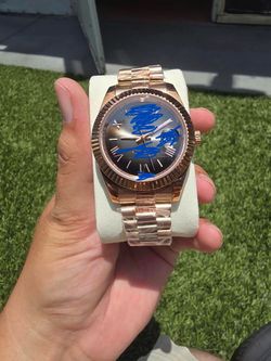Rose Gold Fluted Bezel Watch with Dark Dial