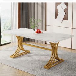 Tribesigns 63-Inch Rectangular Dining Table for 4 to 6, Kitchen Table with Stylish Metal Legs, Large Dinner Tables for Dining Room (White & Gold, Only