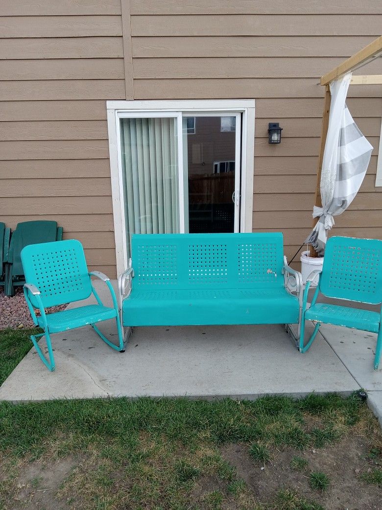 1950's Vintage Metal 3 Seat Glider Bench And 2 Rocker Chairs