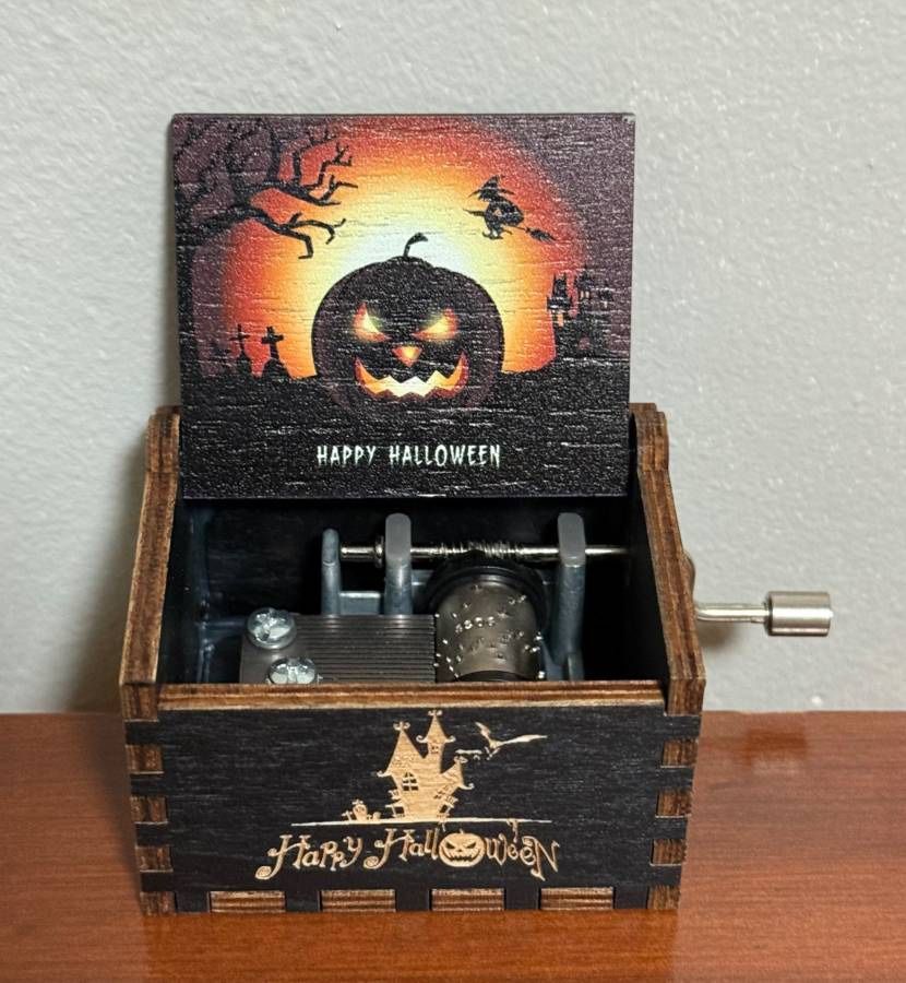 Happy Halloween Nightmare Before Christmas Wood Carved Hand Crank Musical Box