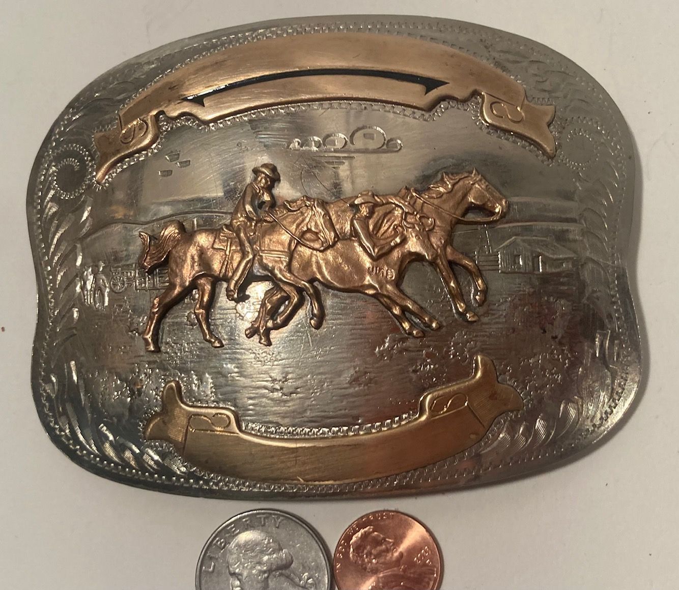 Vintage Metal Belt Buckle, German Silver and Brass, Horses, Comstock, Big Size, 4 1/4" x 3 1/4", Cowboy Style, Heavy Duty, Made in USA, Quality, Thick