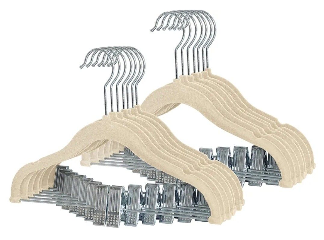 Non-Slip Clothes Hangers~Beige~ for Baby and Kids 14-Pack Velvet Hangers with Movable Clips