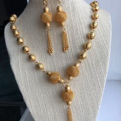 22k Gold Plated Jewelry Set Necklace Mala Earrings Indian Bollywood Jewellery 