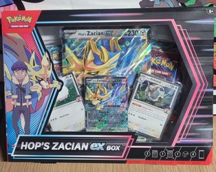 Pokémon Trading Card Game box. Includes 3 promo cards, Features Hop and Zacian ex.