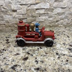 Vintage Cast Iron Fire Engine Steam Pump Truck Toy Firefighter Man 8"
