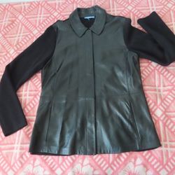 White + Warren Lambskin Leather Paneled Wool Ribbed Knit Zip Jacket no size